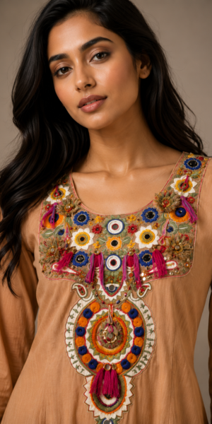 Model wearing a sand beige embroidered kurta and straight pant set with a matching chanderi dupatta featuring scalloped borders on all four sides in a luxury studio setting.