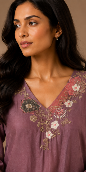 Mauve embroidered Chanderi three-piece suit set with floral embroidered V-neck kurta, straight pants, and embroidered organza scalloped dupatta