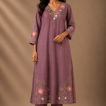 Mauve embroidered Chanderi three-piece suit set with floral embroidered V-neck kurta, straight pants, and embroidered organza scalloped dupatta