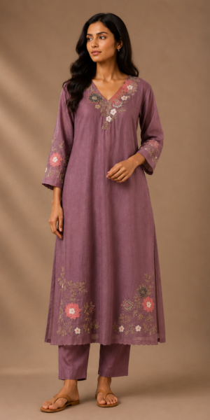 Mauve embroidered Chanderi three-piece suit set with floral embroidered V-neck kurta, straight pants, and embroidered organza scalloped dupatta