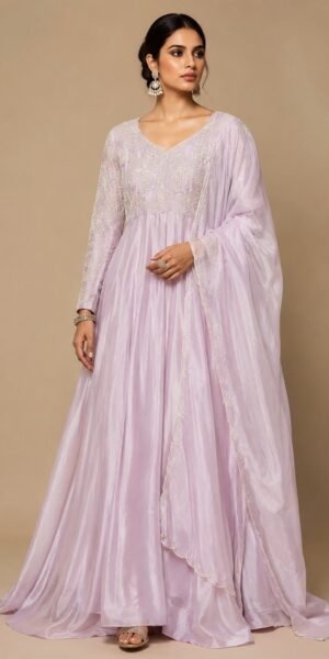 Elegant lavender embroidered Anarkali gown with ivory floral thread work, full sleeves, V-neckline, flowing floor-length silhouette, and matching embroidered organza dupatta.