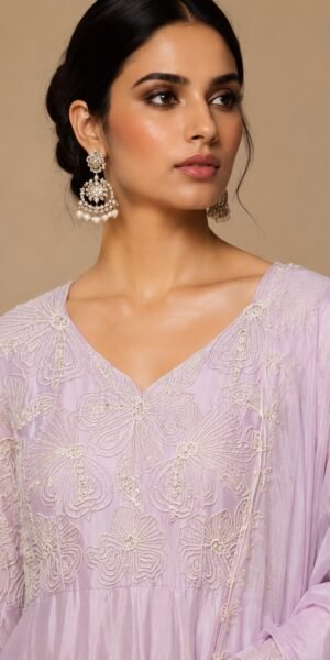 Elegant lavender embroidered Anarkali gown with ivory floral thread work, full sleeves, V-neckline, flowing floor-length silhouette, and matching embroidered organza dupatta.