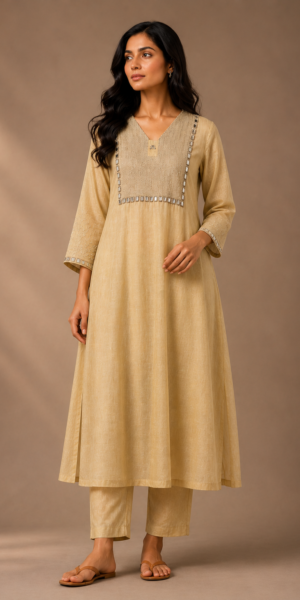 a sand beige mirror work kurta with straight pants and a matching Chanderi dupatta featuring mirror detailing, tonal embroidery, and scalloped borders in a luxury studio setting.