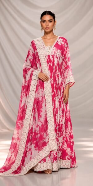 Elegant pink floral Anarkali gown with Chikankari lace neckline, flowing silhouette, three-quarter sleeves, and matching floral dupatta with lace borders