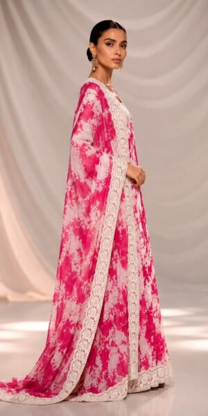 Elegant pink floral Anarkali gown with Chikankari lace neckline, flowing silhouette, three-quarter sleeves, and matching floral dupatta with lace borders