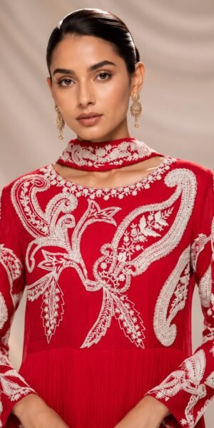 Elegant red embroidered pleated Anarkali gown with ivory thread work, full sleeves, floor-length flare, and matching embroidered dupatta