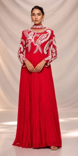 Elegant red embroidered pleated Anarkali gown with ivory thread work, full sleeves, floor-length flare, and matching embroidered dupatta