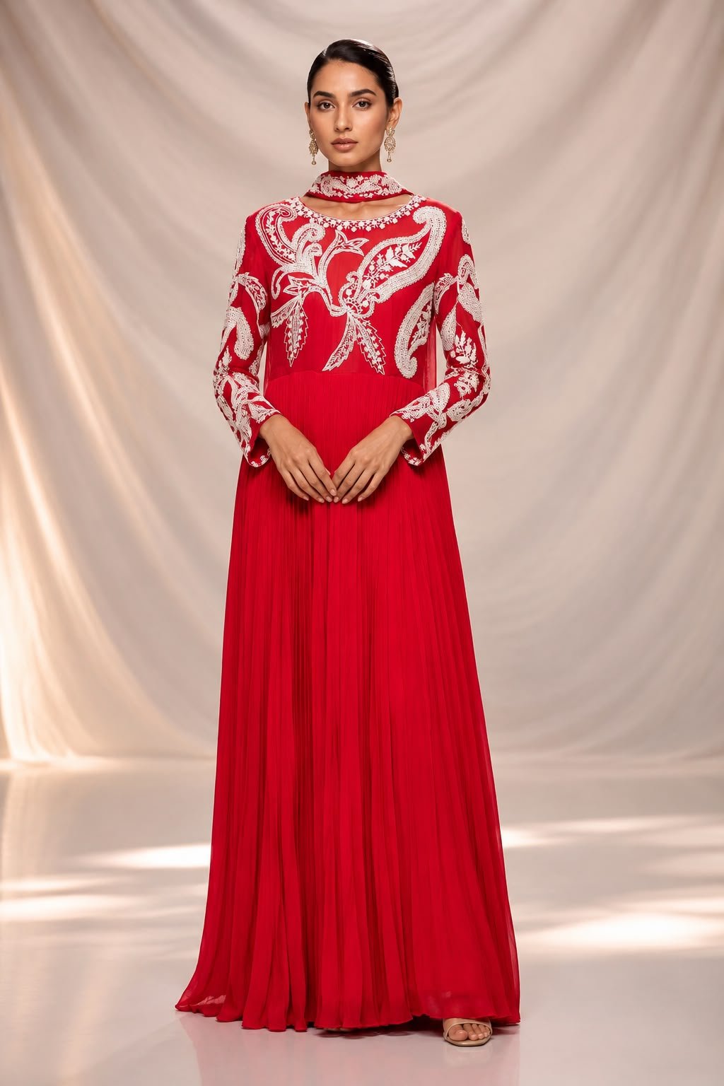 ROUGE ELEGANCE FF Elegant red embroidered pleated Anarkali gown with ivory thread work, full sleeves, floor-length flare, and matching embroidered dupatta