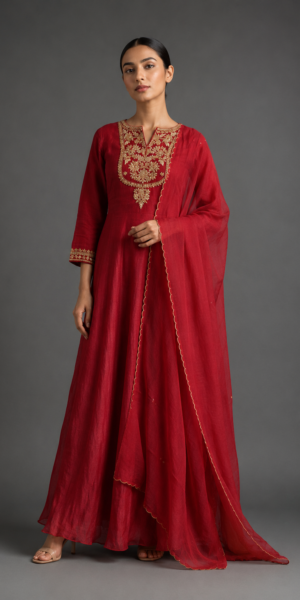 Ruhani crimson embroidered Anarkali dress with handcrafted zari work, matching dupatta, and elegant floor-length silhouette for festive and wedding wear.