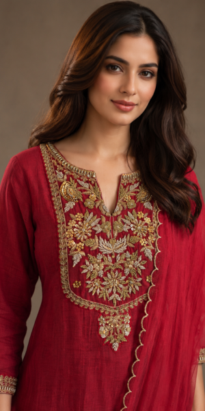 Ruhani crimson embroidered Anarkali dress with handcrafted zari work, matching dupatta, and elegant floor-length silhouette for festive and wedding wear.