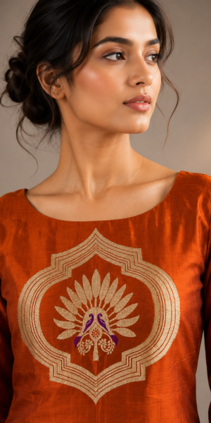 Rust Orange Pure Banarasi Silk Kurta and Pant Set featuring woven peacock motif, boat neckline, 3/4 sleeves and Banarasi woven border.
