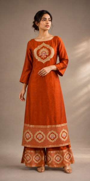 Rust Orange Pure Banarasi Silk Kurta and Pant Set featuring woven peacock motif, boat neckline, 3/4 sleeves and Banarasi woven border.