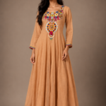 Model wearing a sand beige embroidered kurta and straight pant set with a matching chanderi dupatta featuring scalloped borders on all four sides in a luxury studio setting.