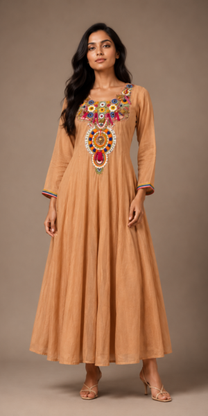 Model wearing a sand beige embroidered kurta and straight pant set with a matching chanderi dupatta featuring scalloped borders on all four sides in a luxury studio setting.