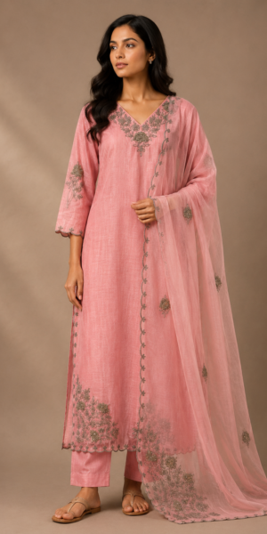 Blush pink embroidered Chanderi three-piece suit set with floral embroidery, V-neck kurta, straight cigarette pants, and embroidered organza dupatta featuring a scalloped border.