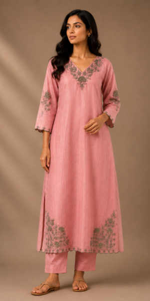 Blush pink embroidered Chanderi three-piece suit set with floral embroidery, V-neck kurta, straight cigarette pants, and embroidered organza dupatta featuring a scalloped border.