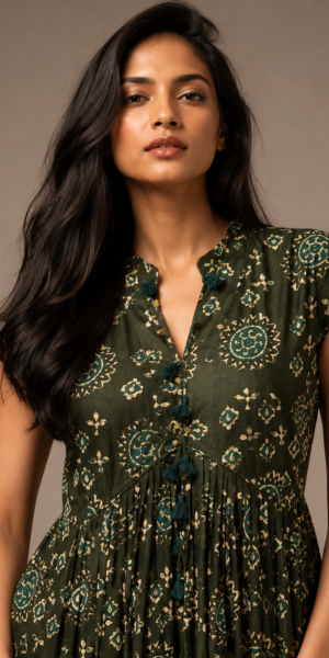 Model wearing an Olive Green printed sleeveless co-ord set with handcrafted tassel neckline and flowing layered maxi skirt in a luxury studio setting.