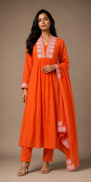 a saffron orange embroidered three-piece suit set featuring a gathered A-line kurta, straight cigarette pants, and a lightweight embroidered scalloped dupatta in a luxury studio setting.