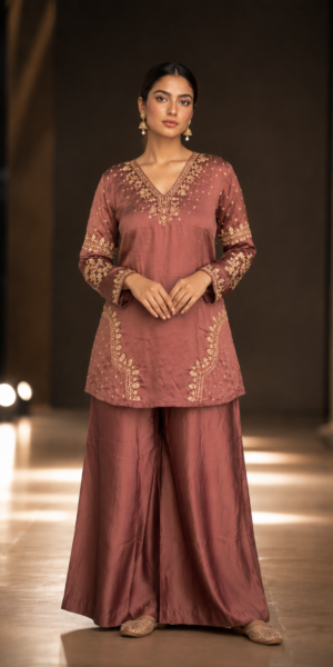Premium mocha festive co-ord set for women featuring an embroidered round neckline, full embroidered sleeves, and matching straight-fit pants.