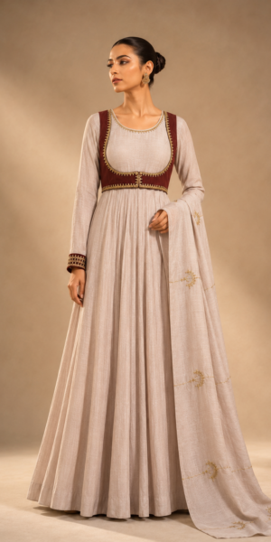 Noor-e-Chand Ensemble - A luxury ivory chanderi Anarkali with hand-embroidered brown sleeveless jacket and self-coloured dupatta featuring diagonal Chand Baali embroidery.