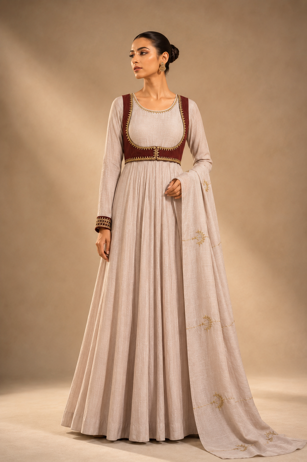 Brown Jacket Noor-e-Chand Ensemble - A luxury ivory chanderi Anarkali with hand-embroidered brown sleeveless jacket and self-coloured dupatta featuring diagonal Chand Baali embroidery.