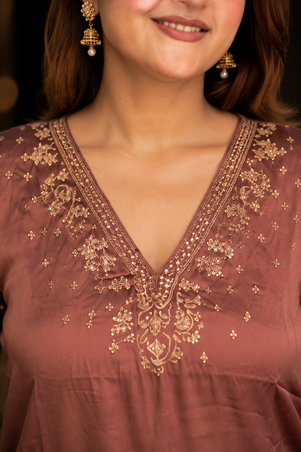 Brown neck closeup Premium mocha festive co-ord set for women featuring an embroidered round neckline, full embroidered sleeves, and matching straight-fit pants.