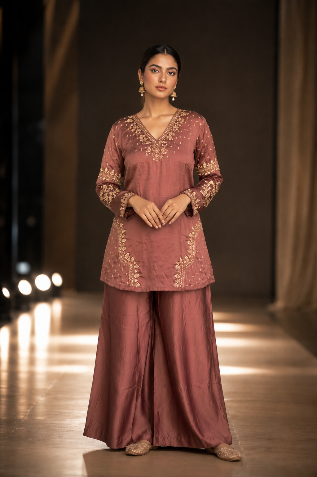 Brown Premium mocha festive co-ord set for women featuring an embroidered round neckline, full embroidered sleeves, and matching straight-fit pants.