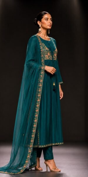 Emerald green muslin silk straight kurta set with embroidered floral yoke, straight-leg pants, and embroidered soft net dupatta for festive and wedding wear.
