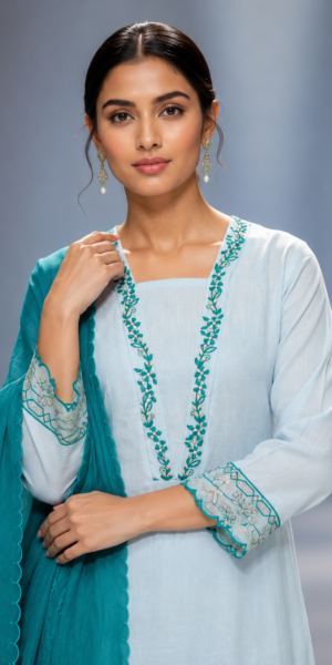 Noor Jahan Suit Set with floral embroidered straight kurta, matching palazzo pants, embroidered sleeves, and rama green dupatta for festive and occasion wear.