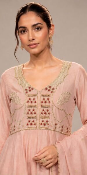Blush pink tissue A-line kurta set with handcrafted embroidered yoke, straight-leg pants, and embroidered dupatta for festive and wedding wear