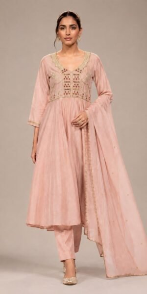 Blush pink tissue A-line kurta set with handcrafted embroidered yoke, straight-leg pants, and embroidered dupatta for festive and wedding wear