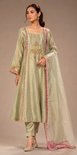 Sage Royale Harmony Set with handcrafted embroidered elephant motifs, straight-leg pants, mirror-work sleeves, and an organza dupatta with contrasting pink border.