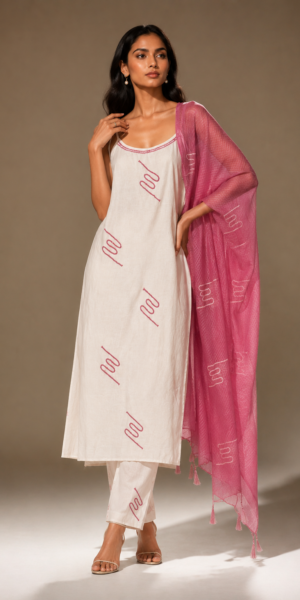 Rosé Linen Edit Set with blush pink embroidered motifs, matching straight-leg pants, and textured pink dupatta for festive and ethnic wear.