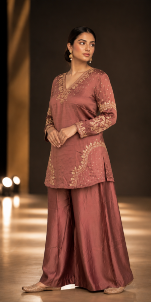 Premium mocha festive co-ord set for women featuring an embroidered round neckline, full embroidered sleeves, and matching straight-fit pants.