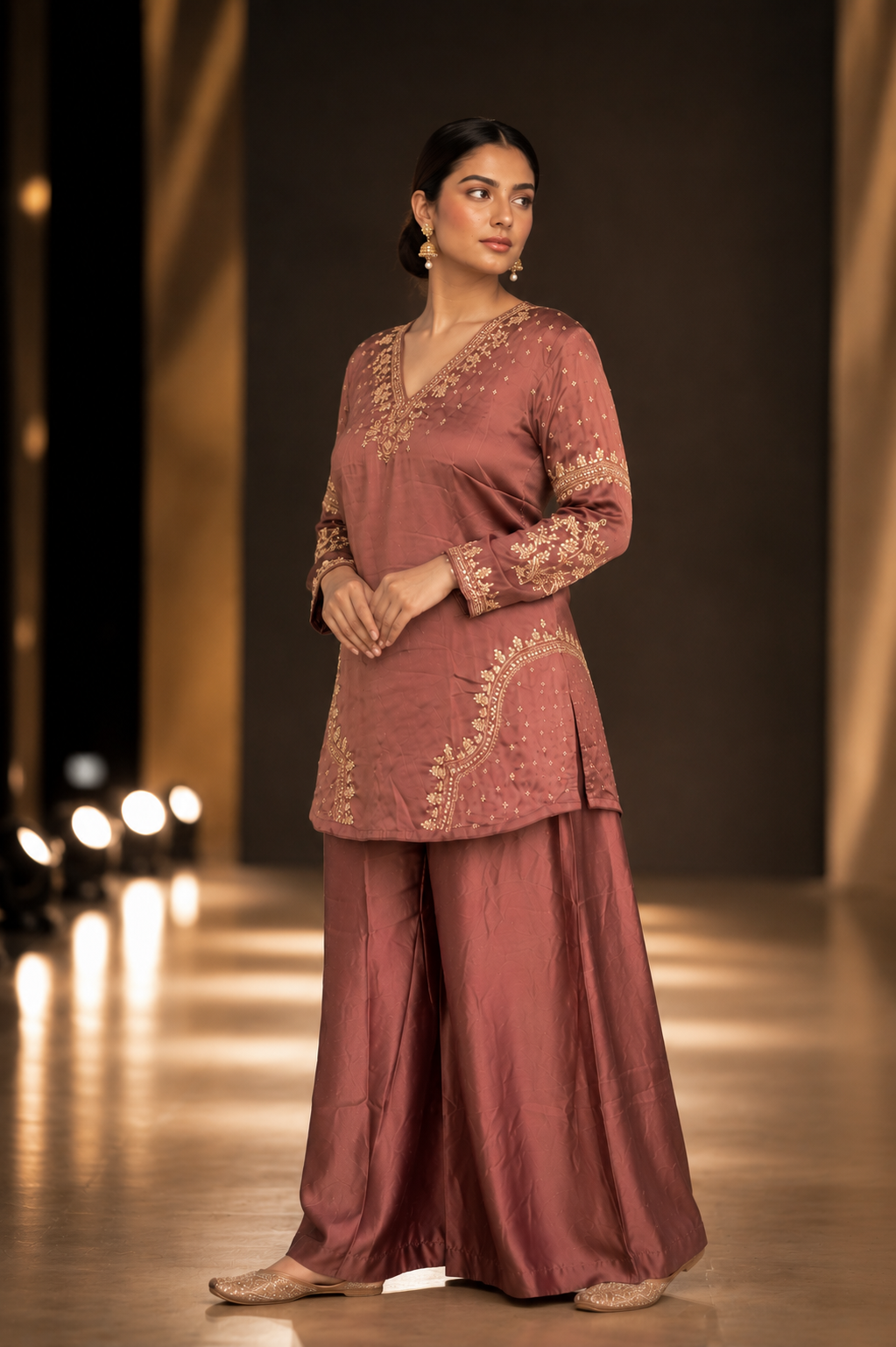 broen side Premium mocha festive co-ord set for women featuring an embroidered round neckline, full embroidered sleeves, and matching straight-fit pants.