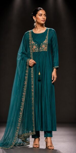 Emerald green muslin silk straight kurta set with embroidered floral yoke, straight-leg pants, and embroidered soft net dupatta for festive and wedding wear.