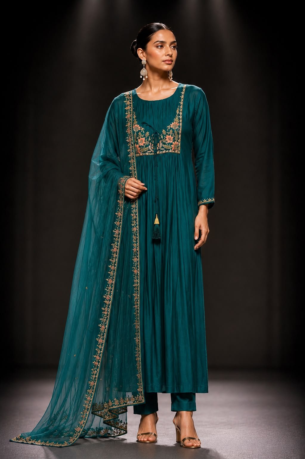 green full Emerald green muslin silk straight kurta set with embroidered floral yoke, straight-leg pants, and embroidered soft net dupatta for festive and wedding wear.