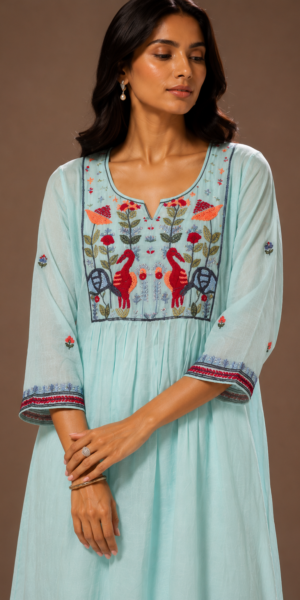 Azure Garden Chanderi Set with floral and bird embroidery, straight-leg pants, and embroidered sheer dupatta for festive and ethnic wear.