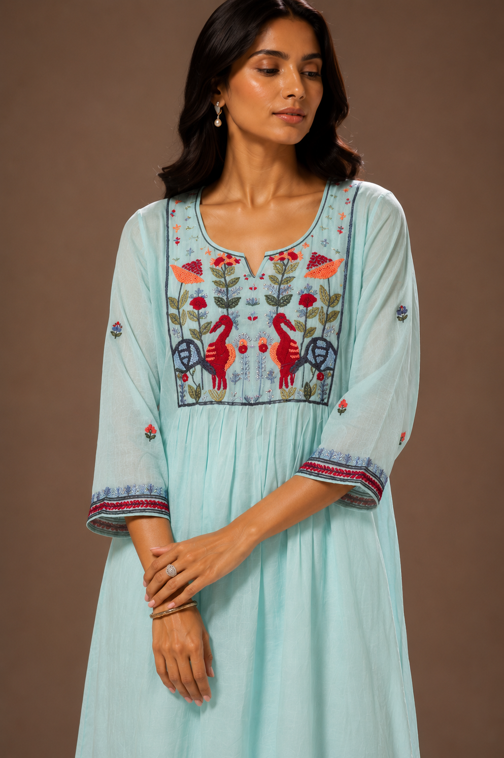 ice blue closeup Azure Garden Chanderi Set with floral and bird embroidery, straight-leg pants, and embroidered sheer dupatta for festive and ethnic wear.