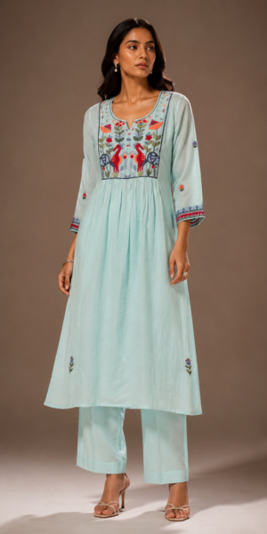Azure Garden Chanderi Set with floral and bird embroidery, straight-leg pants, and embroidered sheer dupatta for festive and ethnic wear.