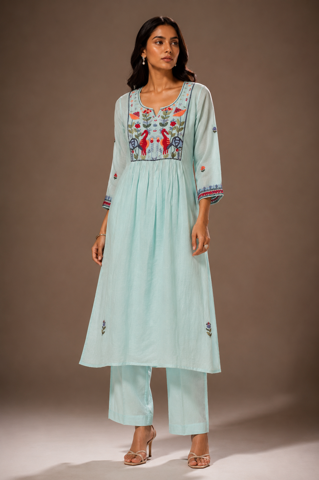 ice blue no dupatta Azure Garden Chanderi Set with floral and bird embroidery, straight-leg pants, and embroidered sheer dupatta for festive and ethnic wear.