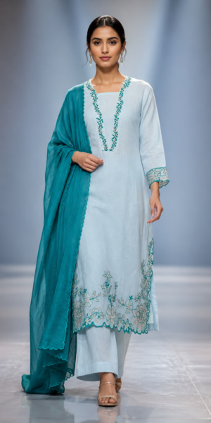 Noor Jahan Suit Set with floral embroidered straight kurta, matching palazzo pants, embroidered sleeves, and rama green dupatta for festive and occasion wear.