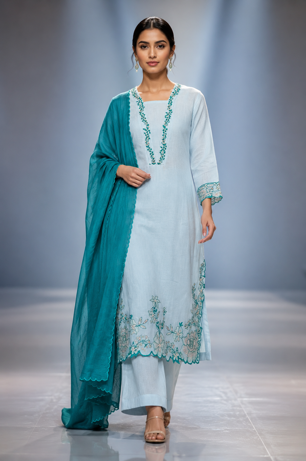 pakistani blue Noor Jahan Suit Set with floral embroidered straight kurta, matching palazzo pants, embroidered sleeves, and rama green dupatta for festive and occasion wear.