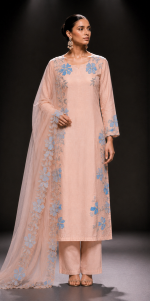 Petal Serenity straight kurta set with blue floral appliqué embroidery, straight-leg pants, and organza dupatta featuring handcrafted floral cutwork border