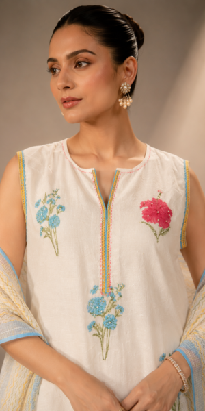 Premium Floral Linen Grace Set with Floral Embroidered Straight Kurta, Plain Palazzo Pants, and Printed Dupatta for Women