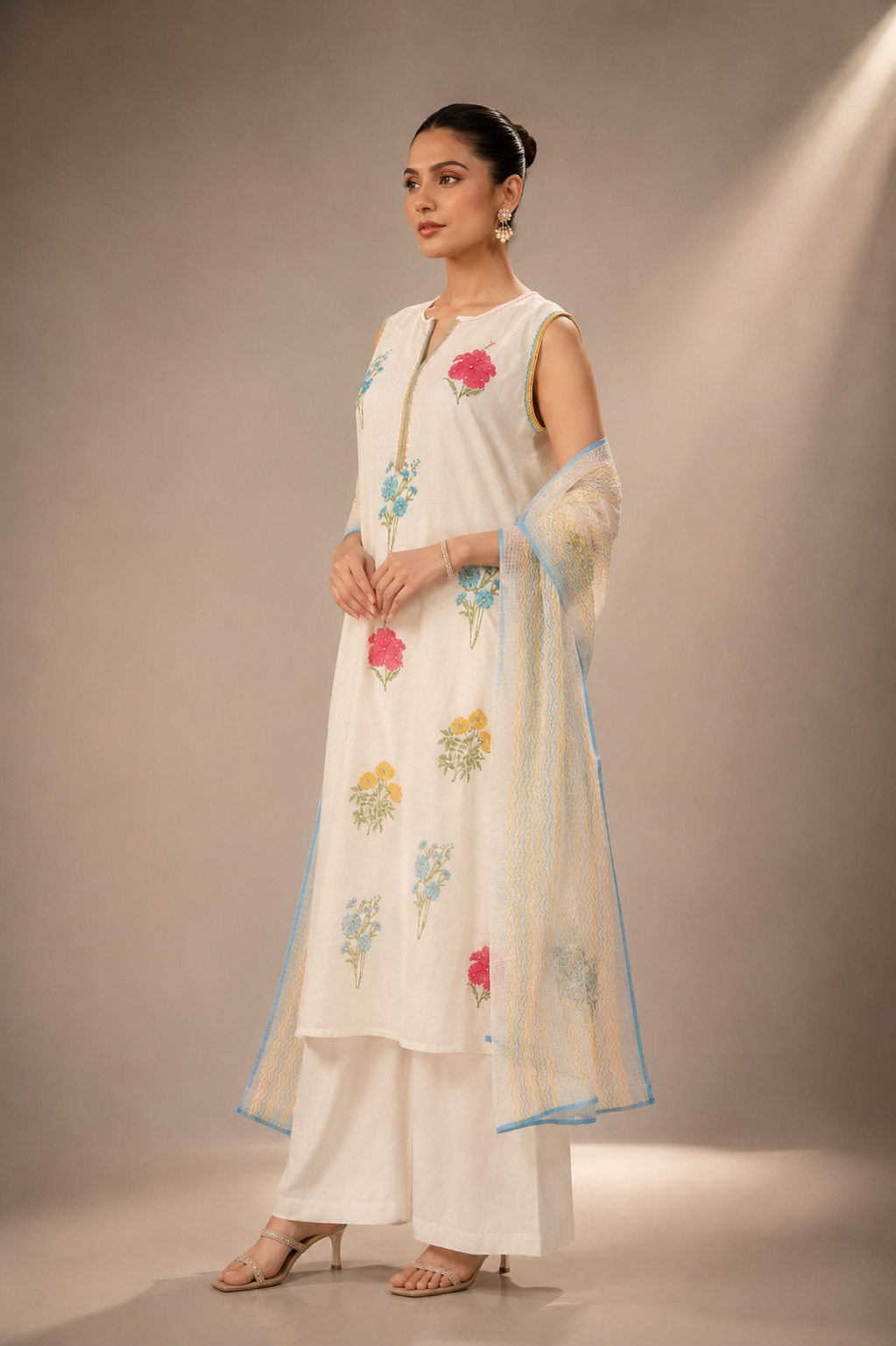 white linen side Premium Floral Linen Grace Set with Floral Embroidered Straight Kurta, Plain Palazzo Pants, and Printed Dupatta for Women