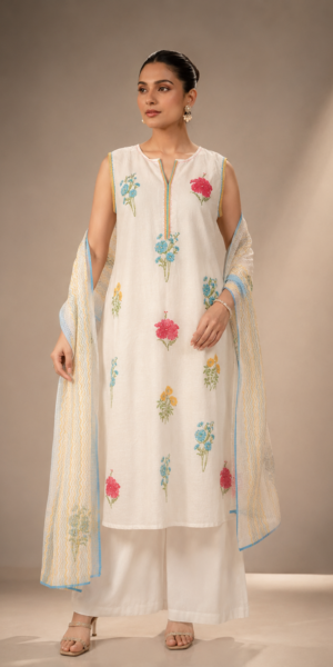 Premium Floral Linen Grace Set with Floral Embroidered Straight Kurta, Plain Palazzo Pants, and Printed Dupatta for Women