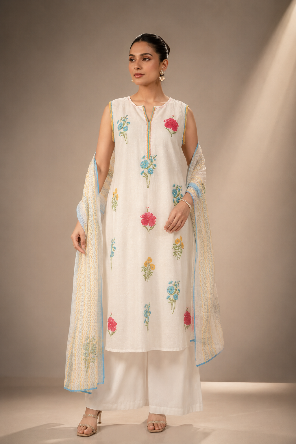 white linnen Premium Floral Linen Grace Set with Floral Embroidered Straight Kurta, Plain Palazzo Pants, and Printed Dupatta for Women