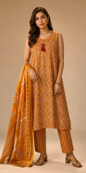 Premium Mustard Ajarakh Artisan Suit Set with Printed Straight Kurta, Coordinated Pants and Traditional Cotton Dupatta for Women