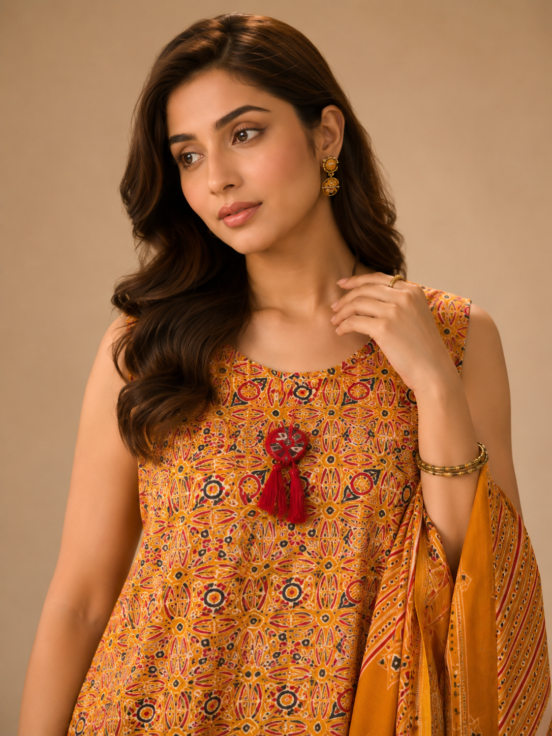 yellow cotton cu Premium Mustard Ajarakh Artisan Suit Set with Printed Straight Kurta, Coordinated Pants and Traditional Cotton Dupatta for Women